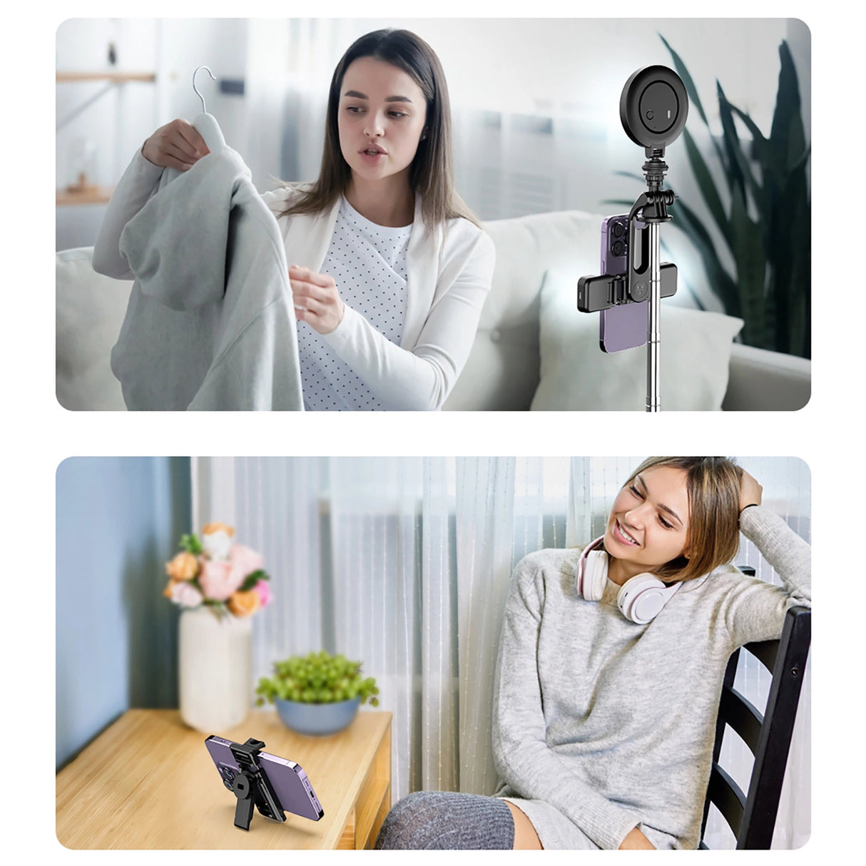 Selfie stick WC13YDS teleskopisk stativ 1,3 m med dobbelt lampe og telefonholder - sort