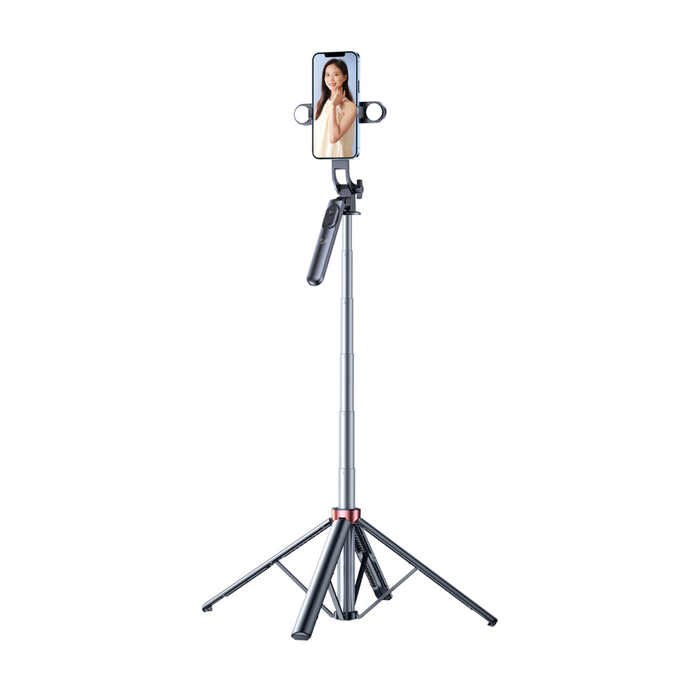 Selfiestang WH181D-Y1S 1,75m teleskopisk stativ i aluminium med dobbelt lampe og telefonholder - sort