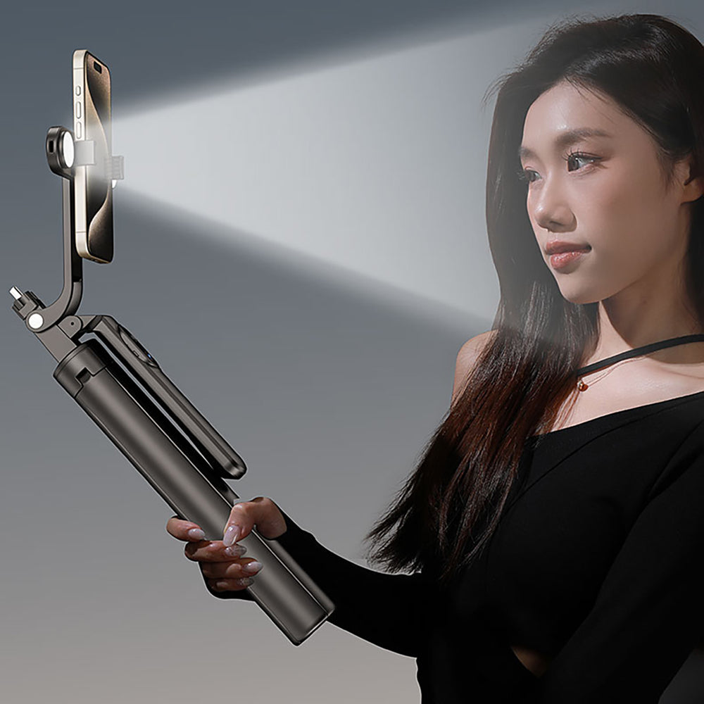 Selfiestang WH181D-Y1S 1,75m teleskopisk stativ i aluminium med dobbelt lampe og telefonholder - sort