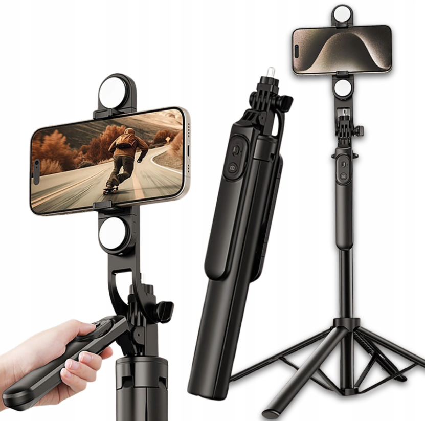 Selfiestang WH181D-Y1S 1,75m teleskopisk stativ i aluminium med dobbelt lampe og telefonholder - sort