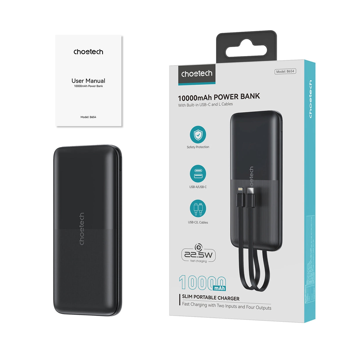 Powerbank Choetech B654 10000mAh 22.5W USB-A / USB-C / micro USB med indbygget USB-C / Lightning kabel - sort