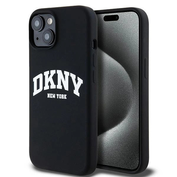 DKNY Liquid Silicone White Printed Logo MagSafe Case til iPhone 14 / 15 / 13 - sort