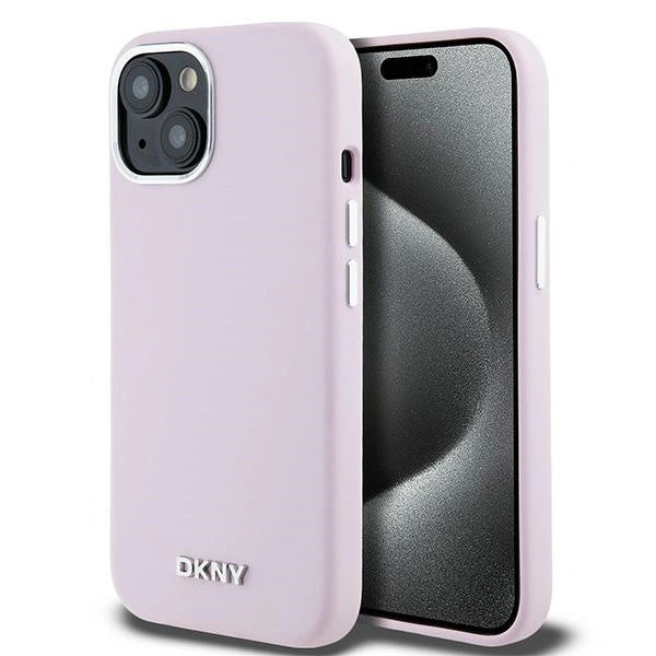 DKNY flydende silikone lille metal logo MagSafe Case til iPhone 15 Plus / 14 Plus - Pink