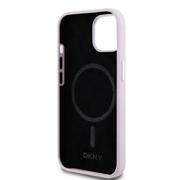 DKNY flydende silikone lille metal logo MagSafe Case til iPhone 15 Plus / 14 Plus - Pink