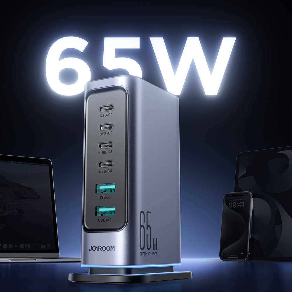 Joyroom JR-TCM02 Multiport GaN Charger 65W EU 4x USB-C 2x USB-A - Dark Gray