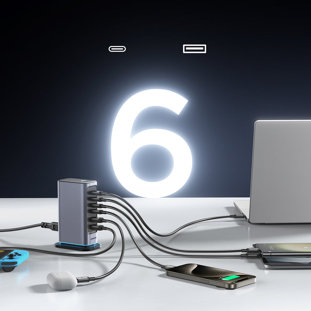 Joyroom JR-TCM02 Multiport GaN Charger 65W EU 4x USB-C 2x USB-A - Dark Gray
