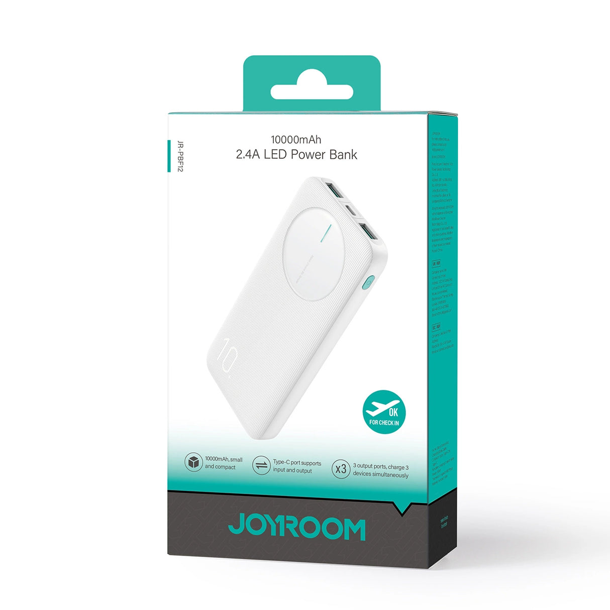 Powerbank Joyroom JR-PBF12 10000mAh 2.4A 2x USB-A 1x USB-C - hvid