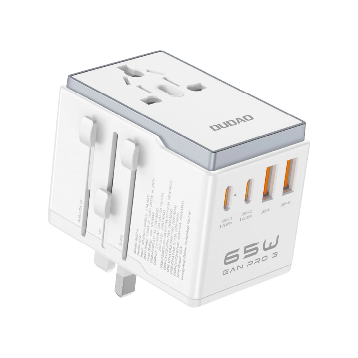 Dudao A65Pro 65W EU / US / JP / AUS / UK rejseadapter 2x USB-C 2x USB-A - hvid