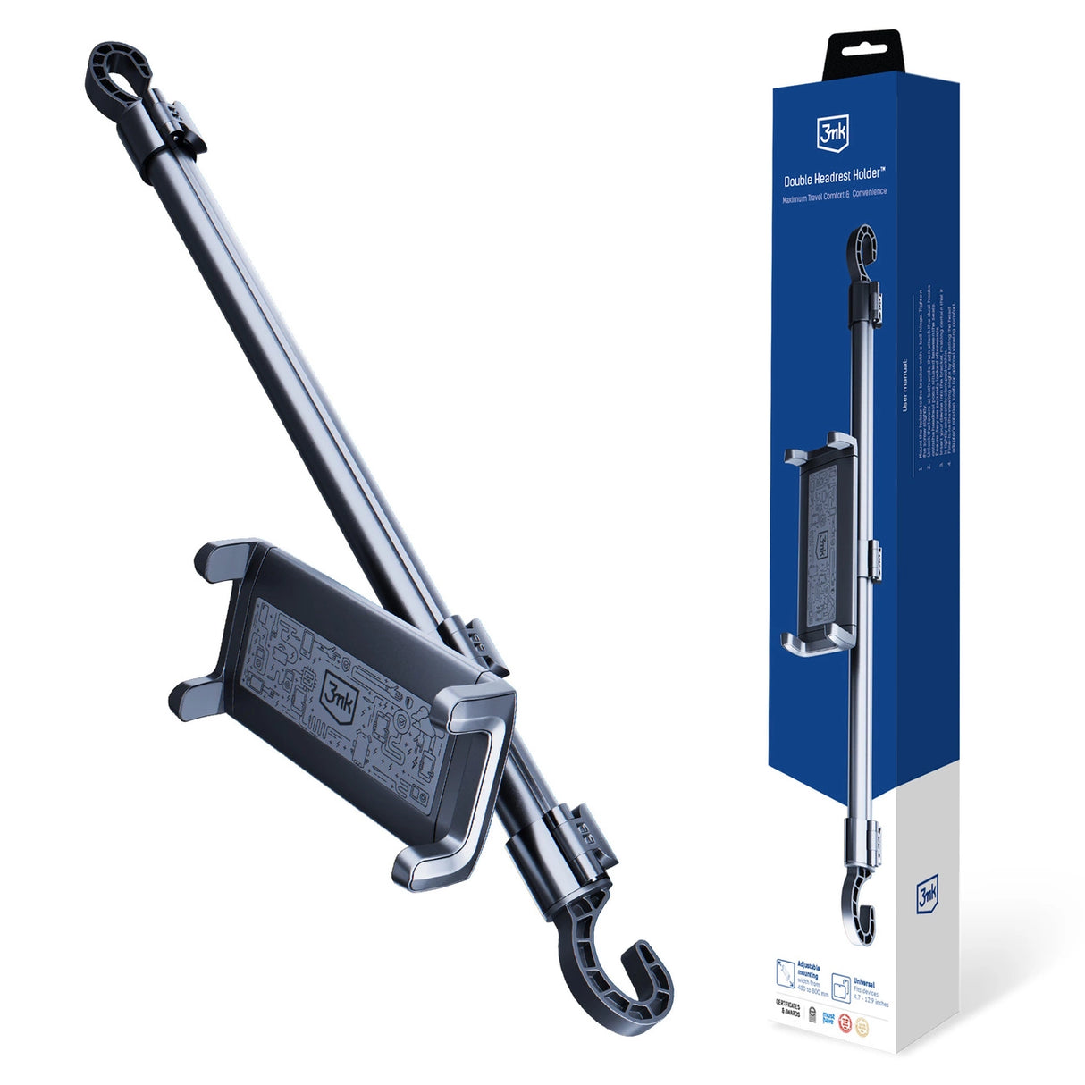 3mk Dobbelt hovedstødholder til en bil til en tablet eller telefon på hovedstøtterne - sort