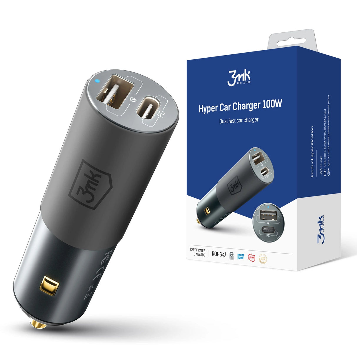 3mk Hyper Car Charger USB-C USB-A 100W - sølv