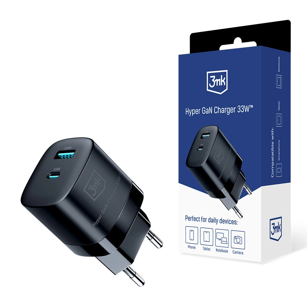 3mk Hyper Charger GaN 33W USB-C USB-A vægoplader - sort