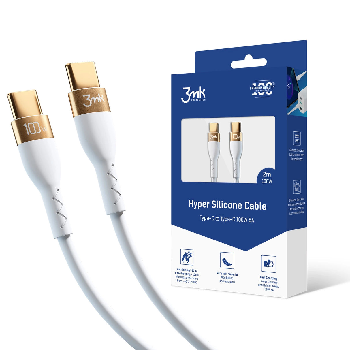 3mk Hyper Silicone Cable USB-C / USB-C 100W 2m - hvid