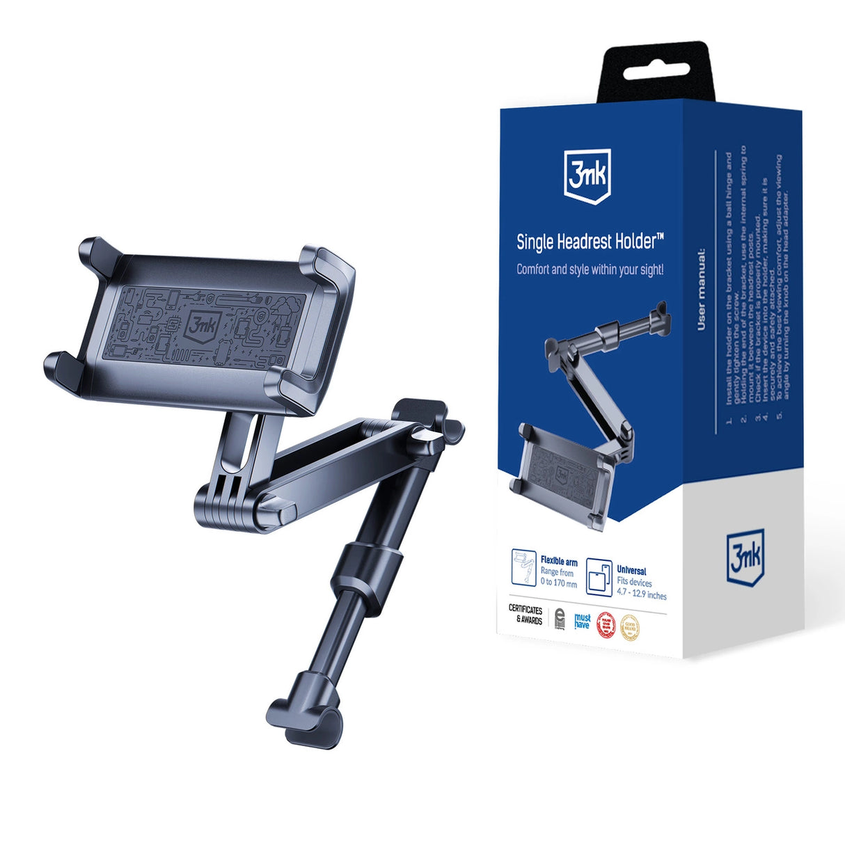 3mk enkelt hovedstøtte Biltelefonholder til enkelt hovedstøtte - sort