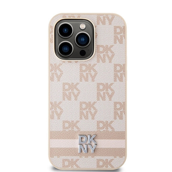 Læder fra DKNY med krydsede mono mønstre og trykte striber til iPhone 14 Pro - pink