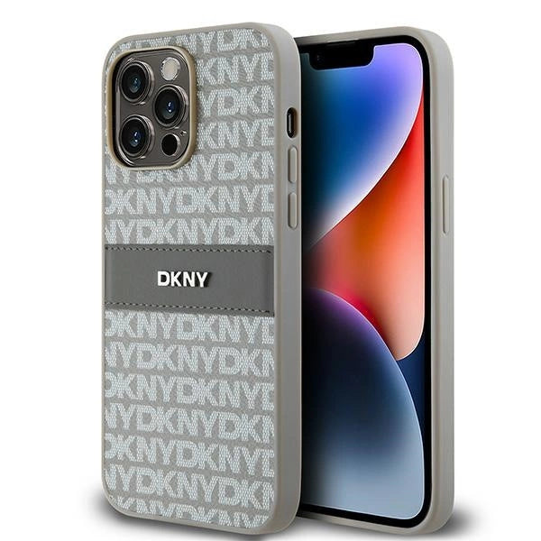 DKNY læder Mono Stripe & Metal Logo-kasse til iPhone 14 Pro - beige