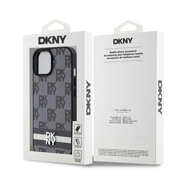 DKNY læder med krydsede mono mønstre og trykte striber Case til iPhone 15/14/13 - sort