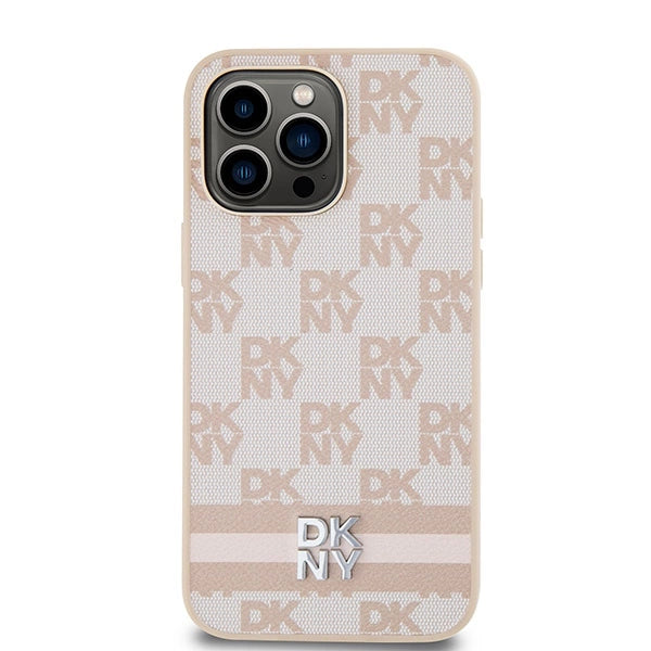 DKNY læder med krydsede mono mønstre og trykte striber til iPhone 14 Pro Max - pink