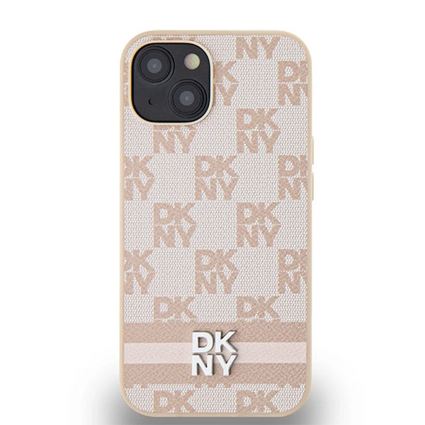 DKNY læder med krydsede mono mønstre og trykte striber til iPhone 15 / 14 / 13 - pink