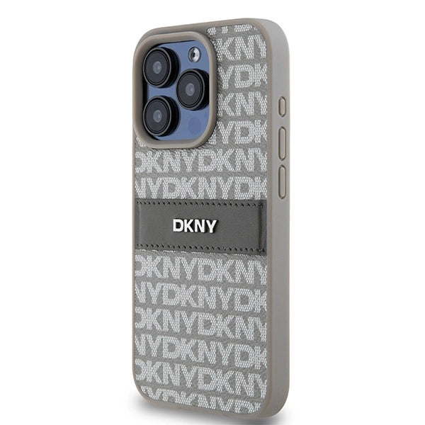 DKNY læder Mono Stripe & Metal Logo case til iPhone 15 Pro Max - beige