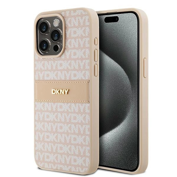 DKNY læder Mono Stripe & Metal Logo case til iPhone 15 Pro Max - pink