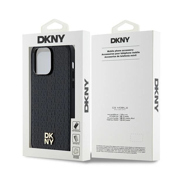DKNY læder monogram mønster metal logo MagSafe Case til iPhone 14 Pro Max - sort
