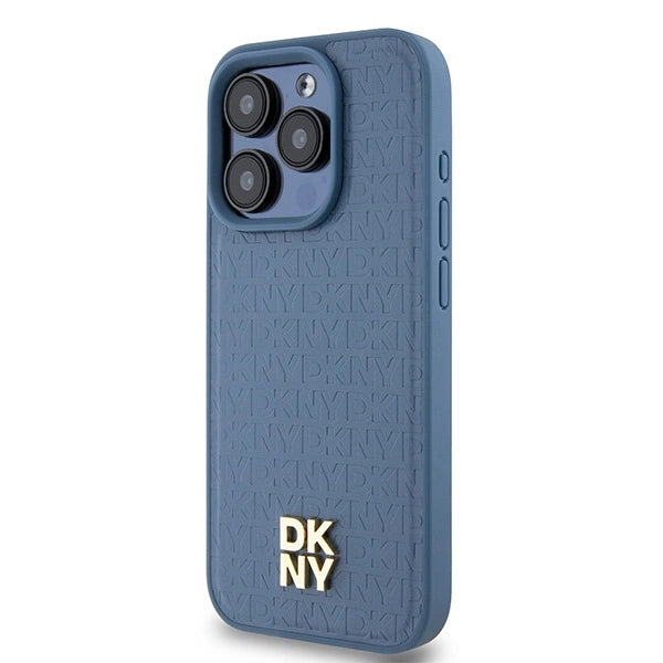 DKNY læder monogram mønster metal logo MagSafe Case til iPhone 15 Pro - Blå