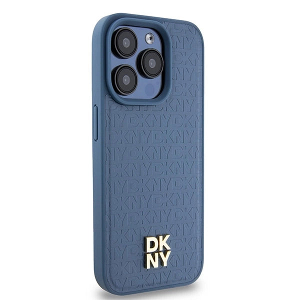 DKNY læder monogram mønster metal logo MagSafe Case til iPhone 15 Pro - Blå