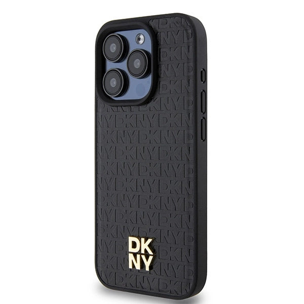 DKNY læder monogram mønster metal logo MagSafe Case til iPhone 15 Pro - sort