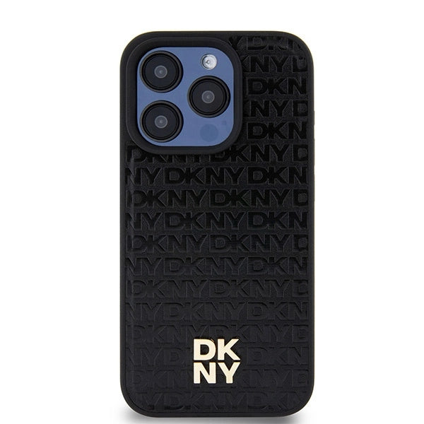 DKNY læder monogram mønster metal logo MagSafe Case til iPhone 15 Pro - sort