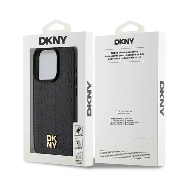 DKNY læder monogram mønster metal logo MagSafe Case til iPhone 15 Pro - sort