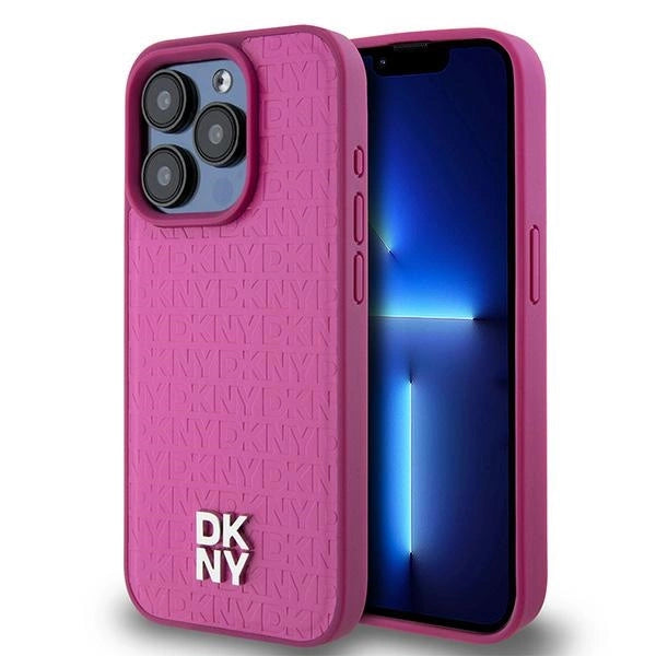 DKNY læder Monogram mønster Metal Logo MagSafe Case til iPhone 15 Pro - Pink
