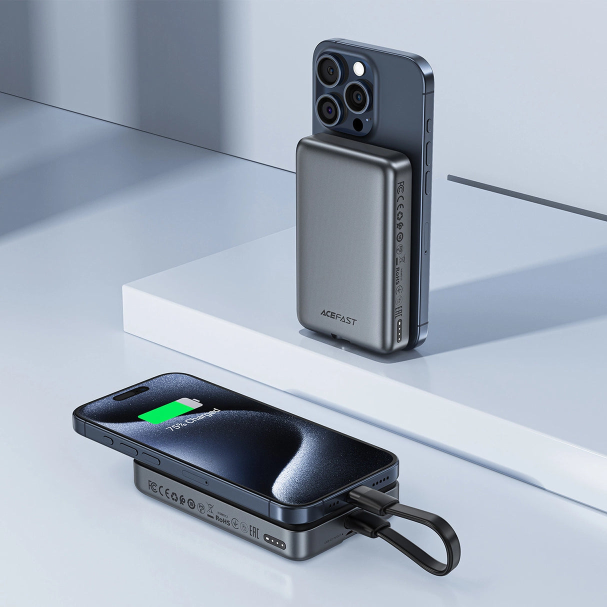 Powerbank Acefast M10 Magnetisk 2x USB-C PD 30W med 15W induktiv opladning og USB-C-kabel - sort