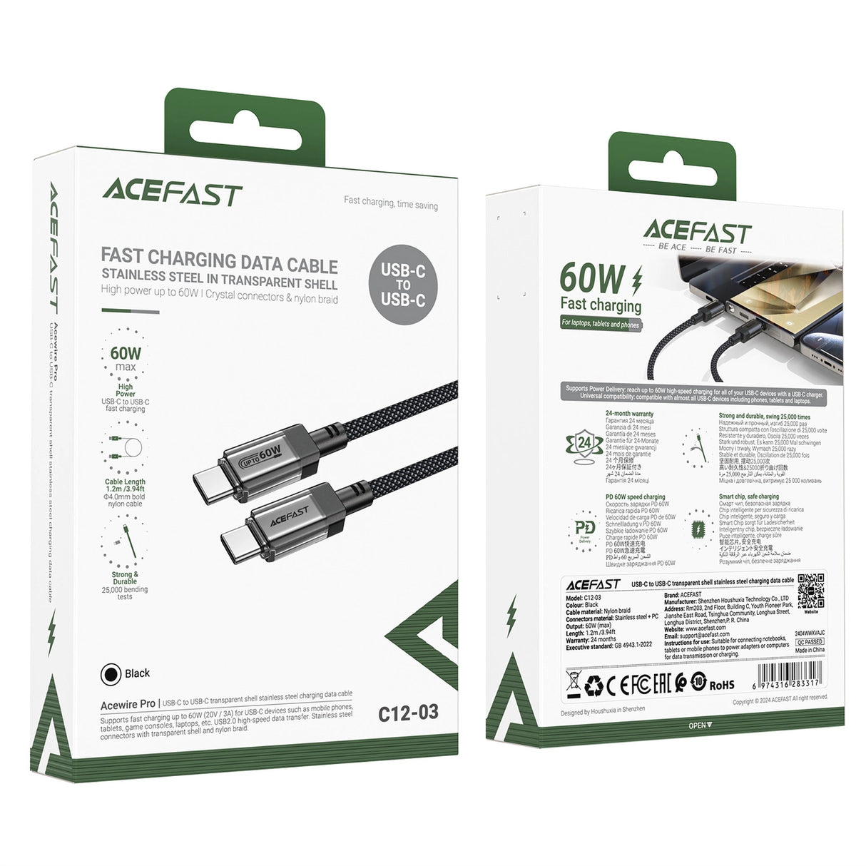 Acefast C12 USB-C / USB-C PD-kabel 60W 480Mb / med nylon fletning - sort