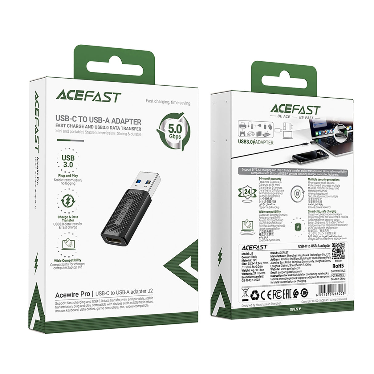 Acefast J2 USB-C 3.0 (kvindelig) til USB-A 3.0 (mandlig) 5Gb/s Adapter - sort