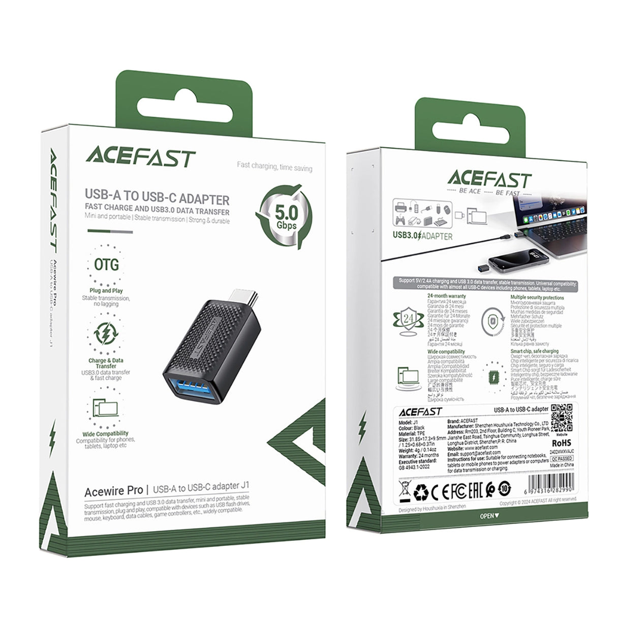 Acefast J1 USB-A 3.0 (kvindelig) til USB-C 3.0 (mandlig) 5Gb/s Adapter - sort