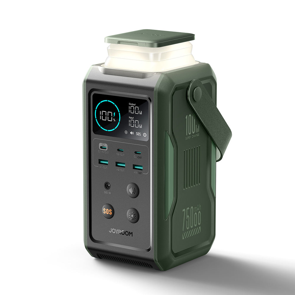 Powerbank Joyroom JR-PBF10 75000mAh 100W 3x USB-C 3x USB-A med foldelig lommelygte og håndtag - grønt