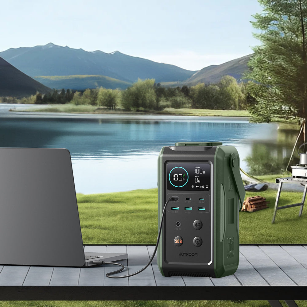 Powerbank Joyroom JR-PBF10 75000mAh 100W 3x USB-C 3x USB-A med foldelig lommelygte og håndtag - grønt