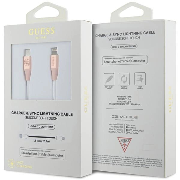 Guess Ebossed Logo USB-C / Lightning Cable 1,5 m Hurtig opladning - Pink