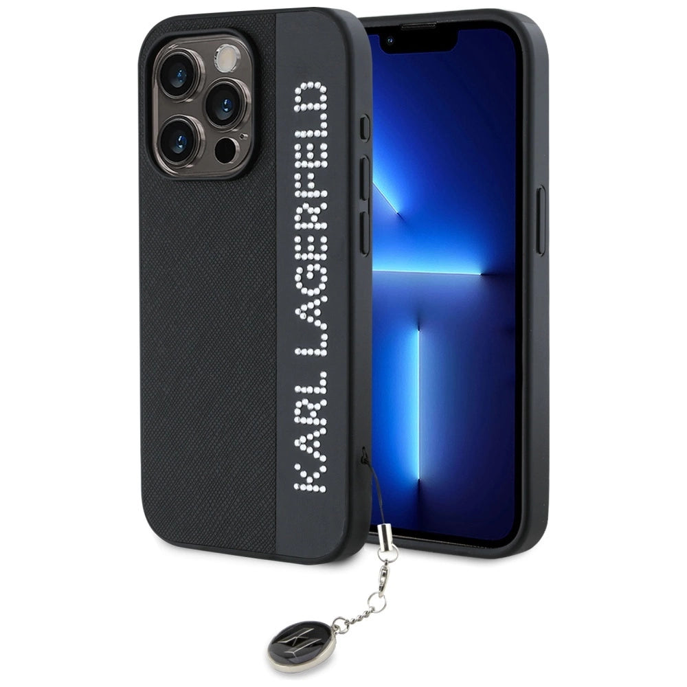 Karl Lagerfeld Saffiano Rhinestones & Charm case for iPhone 15 Pro - black