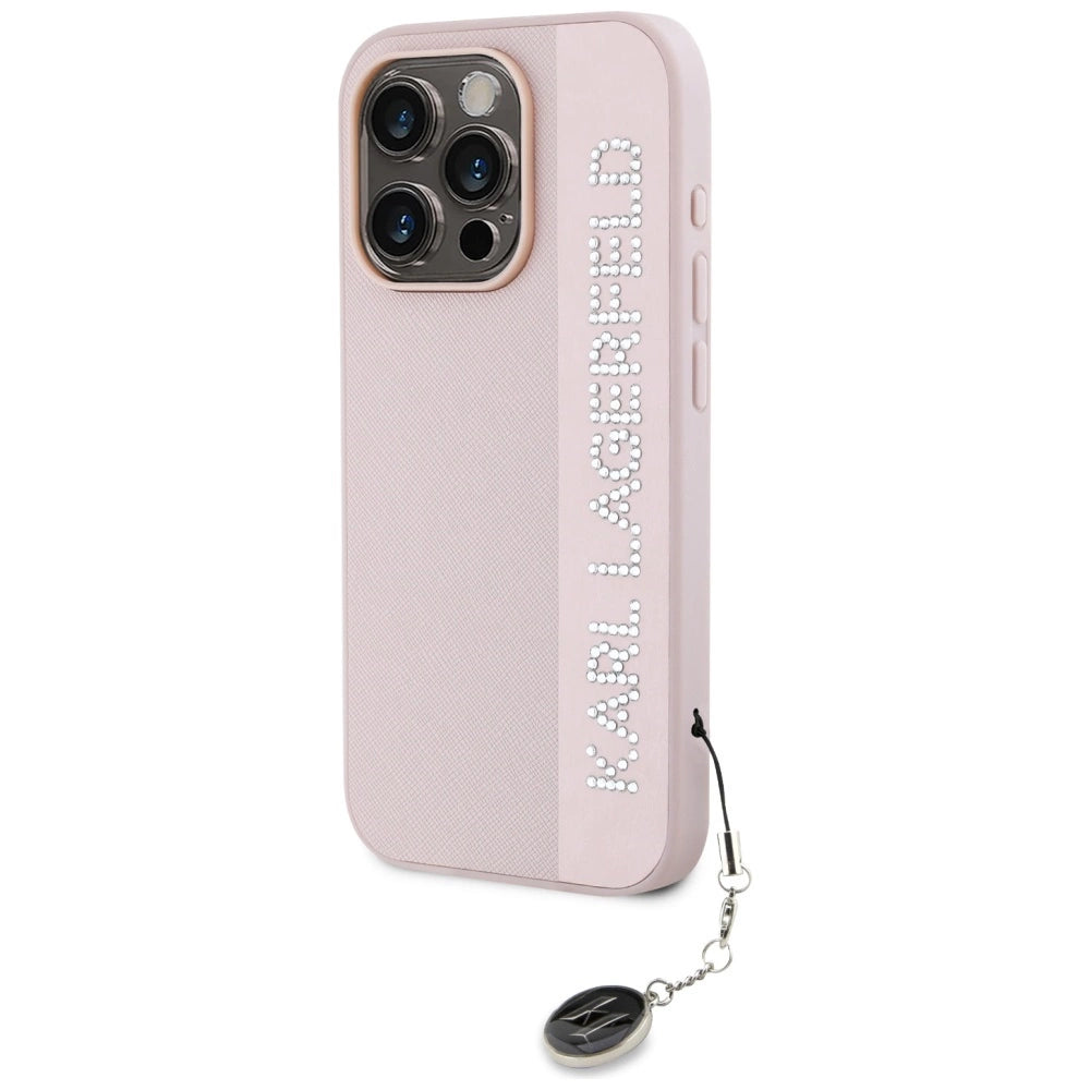 Karl Lagerfeld Saffiano Rhinestones & Charm case for iPhone 15 Pro - pink