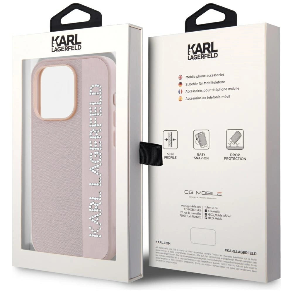 Karl Lagerfeld Saffiano Rhinestones & Charm case for iPhone 15 Pro Max - pink