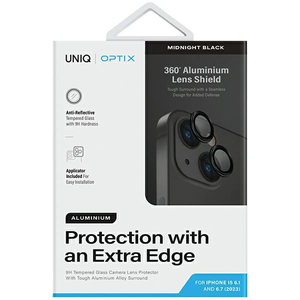 Uniq Optix Glass Aluminium Kamera Lens Beskytter til iPhone 15 / 15 Plus Kamera Lens med Applicator - sort