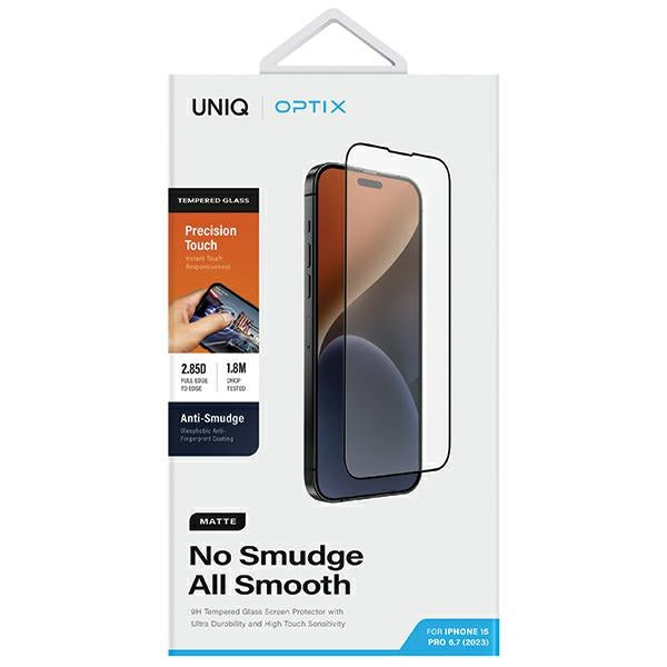 Uniq Optix Matte frostet hærdet glas til iPhone 15 Pro Max med applikator