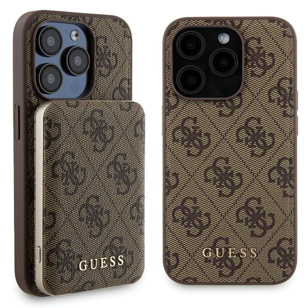 Guess 4G Metal Logo-kasset til iPhone 15 Pro + 5000mAh MagSafe powerbank - brun