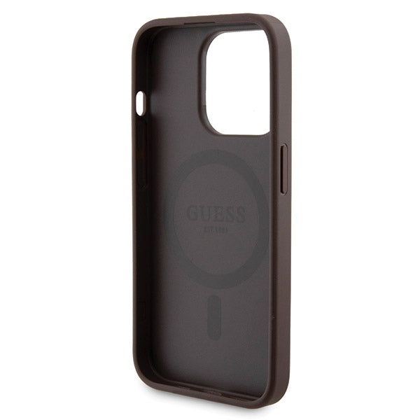 Guess 4G Metal Logo-kasset til iPhone 15 Pro + 5000mAh MagSafe powerbank - brun