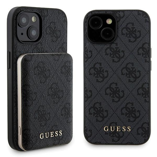 Guess 4G Metal Logo-kasset til iPhone 15 + 5000mAh MagSafe powerbank - sort
