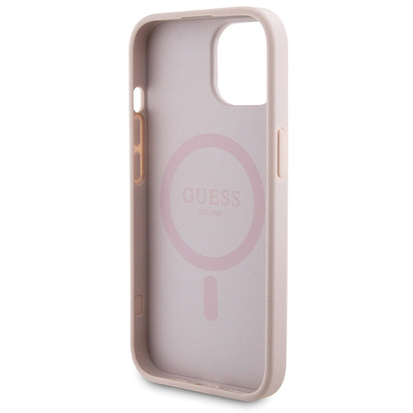 Guess 4G Metal Logo-kasset til iPhone 15 + 5000mAh MagSafe powerbank - pink
