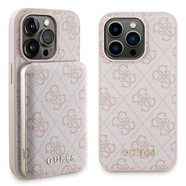 Guess 4G Metal Logo-kasset til iPhone 15 Pro Max + 5000mAh MagSafe powerbank - pink