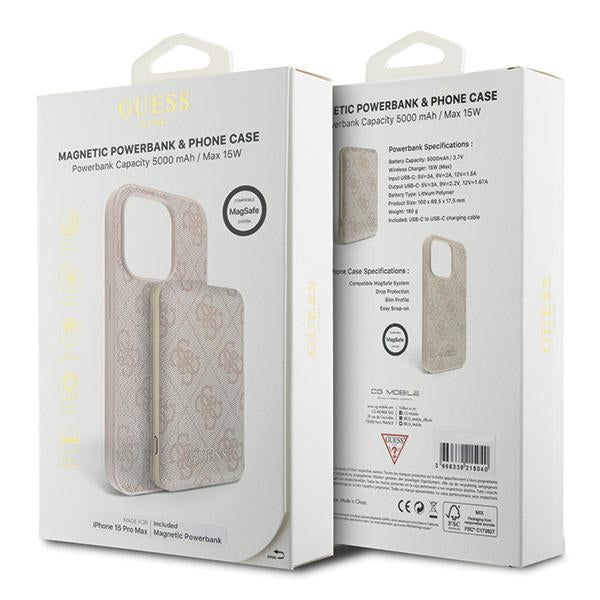 Guess 4G Metal Logo-kasset til iPhone 15 Pro Max + 5000mAh MagSafe powerbank - pink