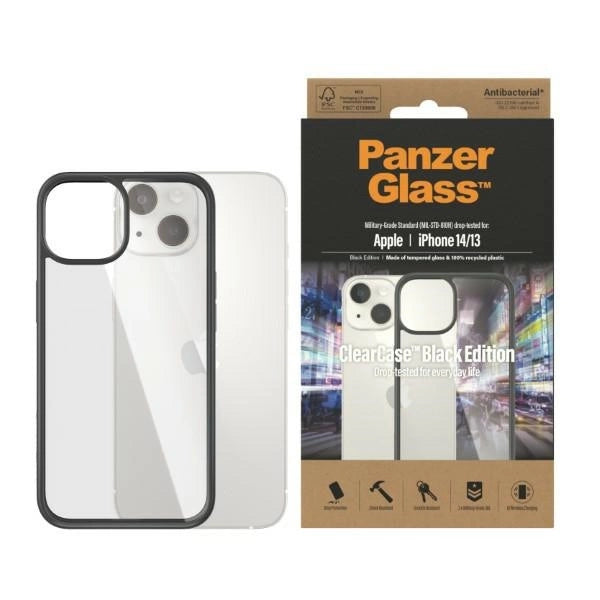 PanzerGlass ClearCase antibakteriel æske til iPhone 14 / 15 / 13 - gennemsigtig og sort